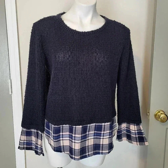 Maude Vivante Rachel Sweater with Plaid Overlay Mixed Media(L) - Picture 2 of 9